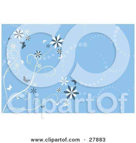 Clipart Illustration of a Background Of Blue And White Trails Of Dots, Flowers And Butterflies by KJ Pargeter