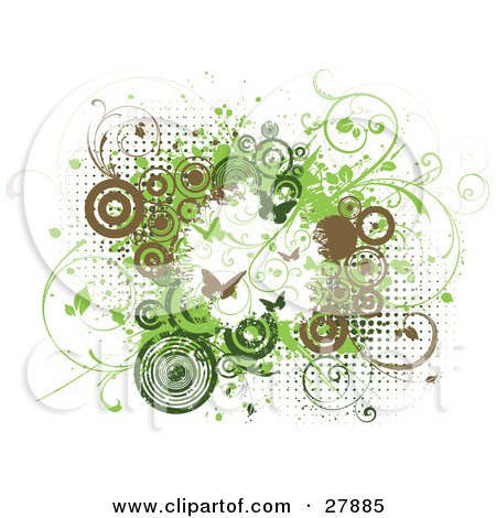 Clipart Illustration of a White Grunge Background With Green And Brown Dots, Vines, Circles And Butterflies by KJ Pargeter