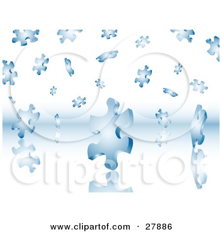 Clipart Illustration of a Background Of Blue Puzzle Pieces Falling On A Reflective Surface by KJ Pargeter