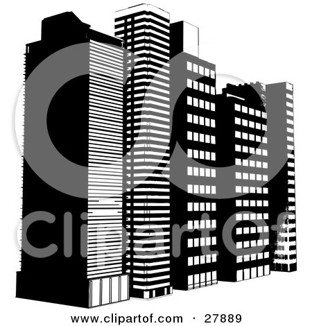 Clipart Illustration of a Row Of Tall City Highrise Buildings In Black And White by KJ Pargeter