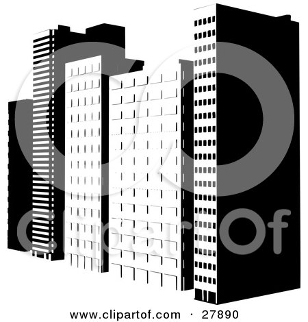 Clipart Illustration of Tall City Skyscrapers In An Urban Setting, Black And White by KJ Pargeter
