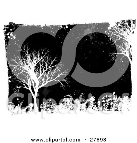 Clipart Illustration of White Grunge, Splatters, Foliage And Bare Trees Over A Black Background by KJ Pargeter