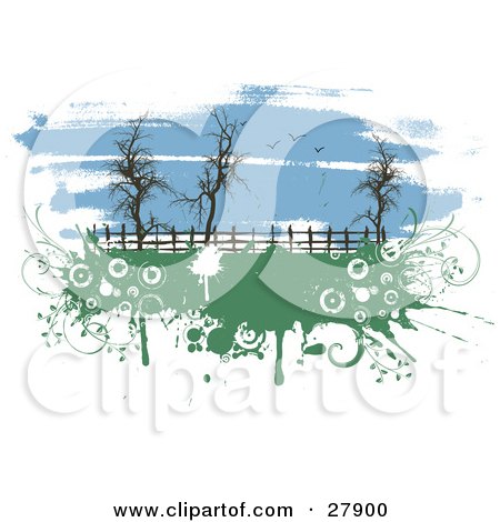 Clipart Illustration of Seagulls Flying In A Painted Blue Sky Over Bare Trees Along A Fence In A Pasture, With Green Grunge by KJ Pargeter