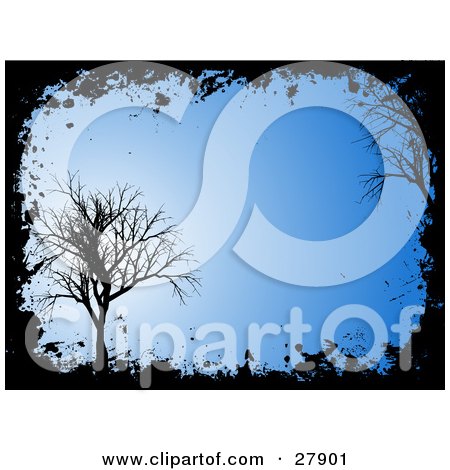 Clipart Illustration of a Silhouetted Bare Black Tree With Grunge Over A Blue Background by KJ Pargeter