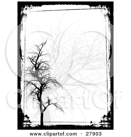 Clipart Illustration of a White Background With Faded Gray And Solid Black Bare Trees, Bordered By Black Grunge by KJ Pargeter
