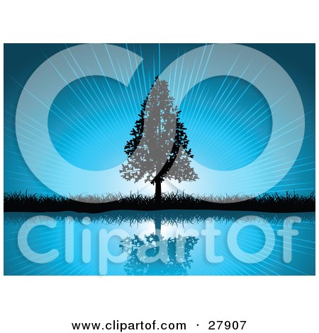 Clipart Illustration of a Black Silhouetted Triangle Shaped Tree And Grasses Reflecting In Calm Blue Waters Over A Bursting Sky Background by KJ Pargeter