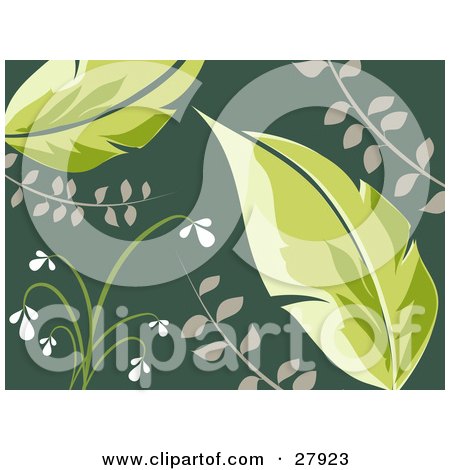 Clipart Illustration of Two Big Green Leaves With White Flowers Over A Dark Green Background by KJ Pargeter