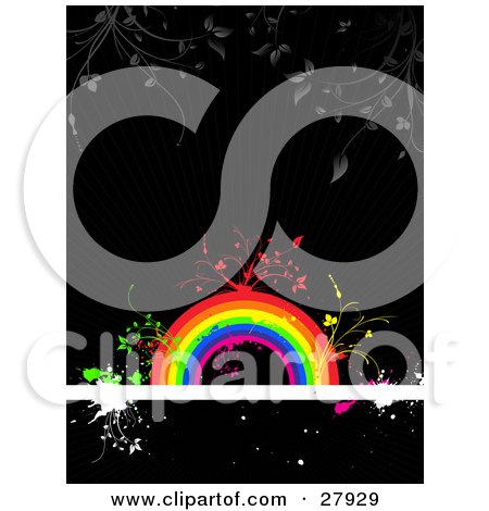 Clipart Illustration of Gray Plants Hanging Down Over Red, Green And Yellow Vines Sprouting From A Colorful Rainbow On A White Text Bar Over A Black Grunge Background by KJ Pargeter