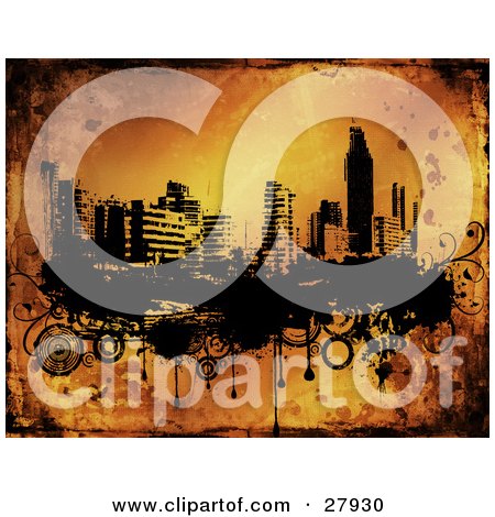 Clipart Illustration of The City Of Benidorm In Black And White On Black Grunge Circles And Dripping Paint Over An Orange Background by KJ Pargeter