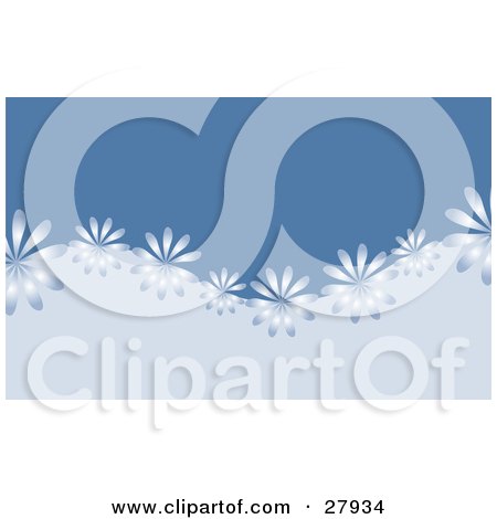 Clipart Illustration of a Row Of Shiny Blue Flowers Riding On A Wave Of Light Blue, Over A Dark Blue Background by KJ Pargeter