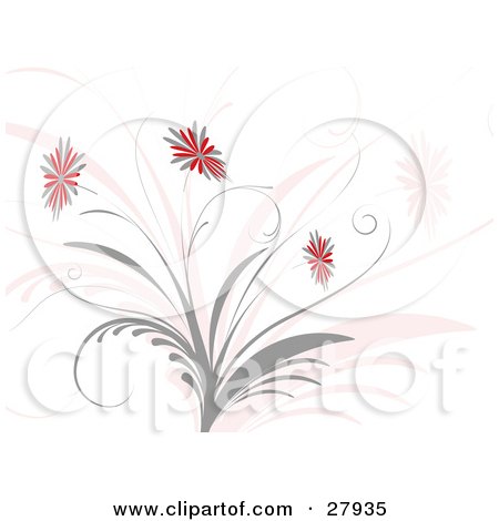 Clipart Illustration of Red And Gray Flowers Blooming On A Gray Plant Over A Pink And Off White Background by KJ Pargeter