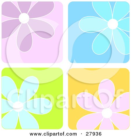 Clipart Illustration of a Background Of Purple, Blue And Pink Flowers In Colorful Squares by KJ Pargeter