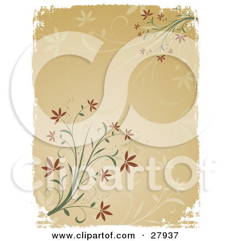Clipart Illustration of a Beige Background With Faded Flowers And A White Grunge Border, With Green Plants And Brown Flowers In The Corners by KJ Pargeter