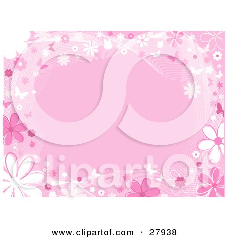 Clipart Illustration of a Pink Background Bordered By White And Pink Daisies, Flowers, Lines And Butterflies by KJ Pargeter