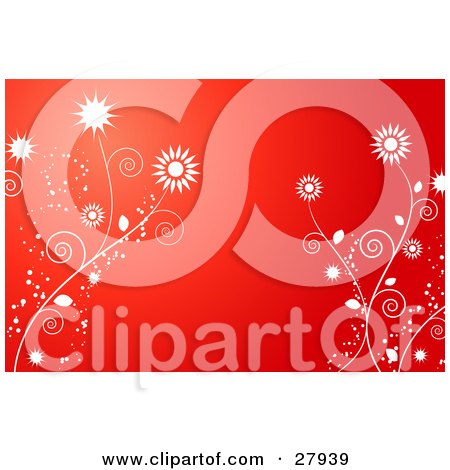 Clipart Illustration of White Bursting Flowers On Vines, With Sparkles, Over A Red Background by KJ Pargeter