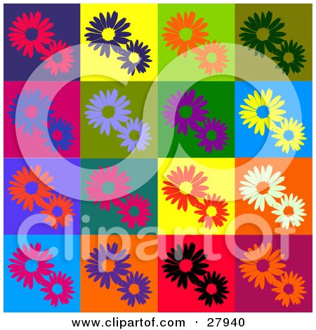 Clipart Illustration of a Background Of Red, Purple, Orange, Green, Blue, Black And White Flowers In Different Colored Squares by KJ Pargeter