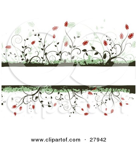 Clipart Illustration of a Blank White Text Box Bordered By Green Grunge And Red Flowers On Vines by KJ Pargeter