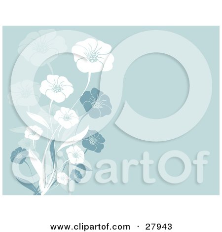 Clipart Illustration of White, Blue And Faded Flowers Over A Blue Background by KJ Pargeter