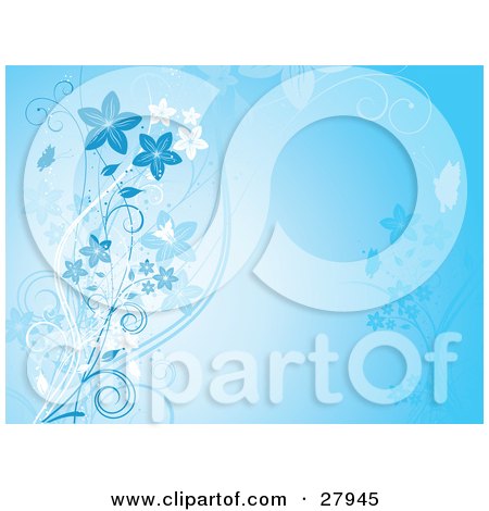 Clipart Illustration of a Gradient Blue Background With White And Faded Blue Vines And Flowers by KJ Pargeter