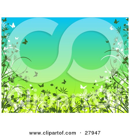 Clipart Illustration of a Gradient Blue To Yellow Background Bordered By Silhouetted Green And White Plants And Butterflies by KJ Pargeter