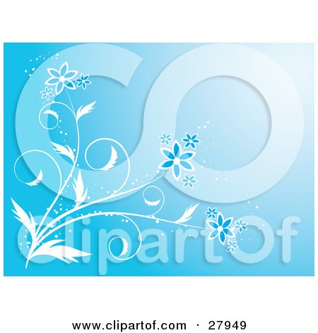 Clipart Illustration of a White Plant With Blue And White Blooming Flowers And Sparkles Over A Gradient Blue Background by KJ Pargeter