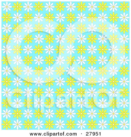 Clipart Illustration of a Background of Yellow and White Daisies on Blue by KJ Pargeter