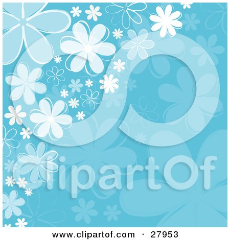 Clipart Illustration of a Background Of White, Blue And Faded Daisy Flowers by KJ Pargeter