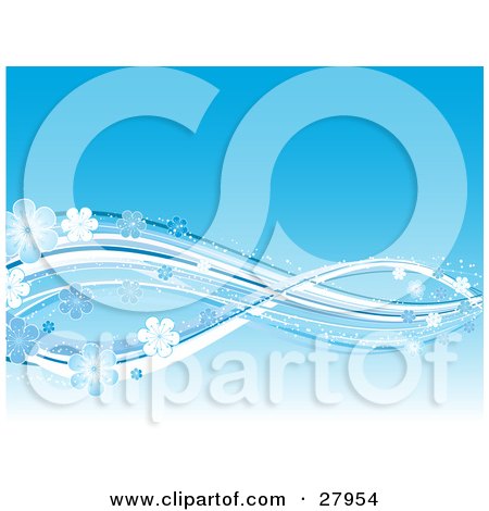 Clipart Illustration of a Gradient Blue Background With White And Blue Waves Of Lines And Sparkling Flowers by KJ Pargeter