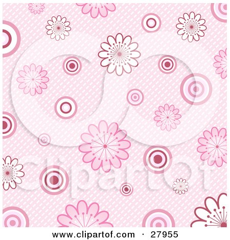 Clipart Illustration of a Retro Pink Background Of White And Pink Flowers And Circles Over A Weaved Texture by KJ Pargeter