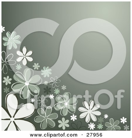 Clipart Illustration of a Gradient Green Background With White And Green Daisy Flowers Along The Left Bottom Corner by KJ Pargeter