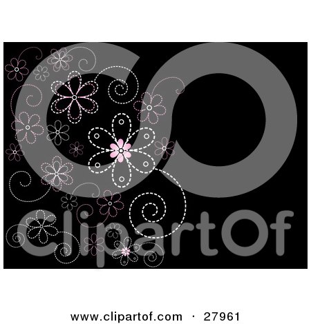 Clipart Illustration of a Black Background Of Pink And White Flowers Made Of Dots Or Stitches by KJ Pargeter