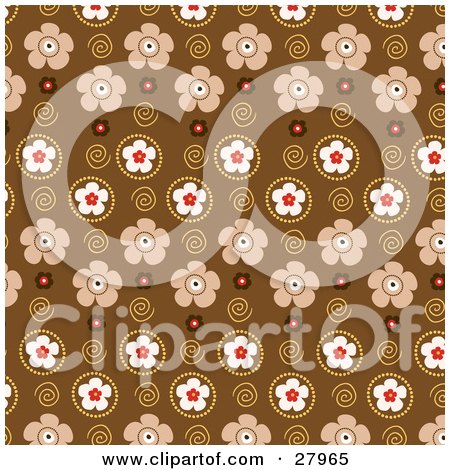 Clipart Illustration of a Patterned Background Of Beige, Red And White Flowers And Swirls by KJ Pargeter