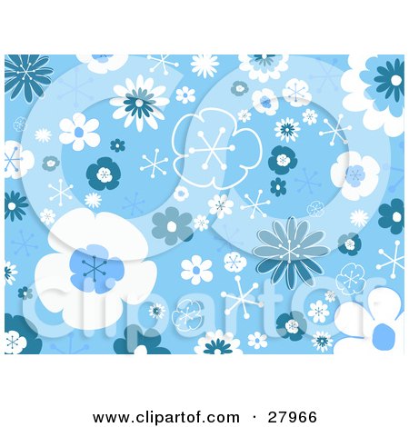 Clipart Illustration of a Background Of Blue And White Flowers, Bursts And Stars by KJ Pargeter