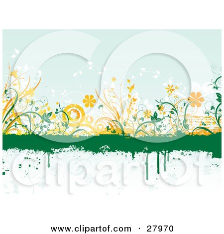 Clipart Illustration of a Green Grunge Dripping Text Box Over A Blue Background With Orange And White Circles And Flowers by KJ Pargeter