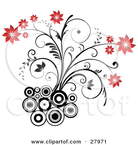 Clipart Illustration of a Flowering Plant With Red Blooms, Growing From A Cluster Of Black And White Circles On A White Background by KJ Pargeter