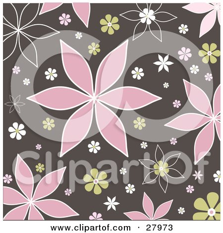 Clipart Illustration of a Brown Background With Pink, Green And White Flowers by KJ Pargeter