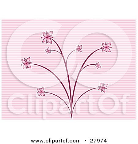 Clipart Illustration of a Pink Plant With Flowers On Each Branch, Over A Pink Lined Background by KJ Pargeter