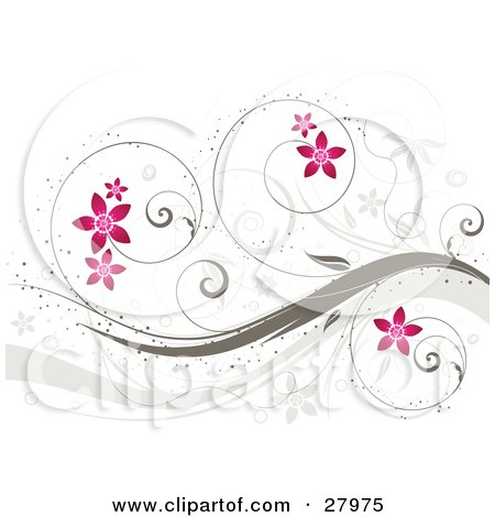Clipart Illustration of Curling Brown Vines With Pink Flowers Over A White Background by KJ Pargeter