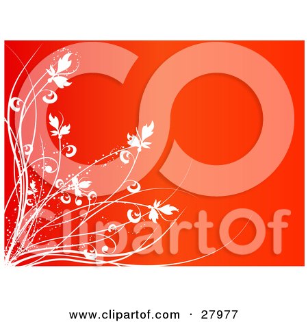 Clipart Illustration of Flowers And Stalks Silhouetted In White With Sparkles Over A Red Background by KJ Pargeter
