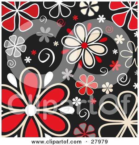 Clipart Illustration of White And Red Daisy Flowers And Swirls Over A Black Background by KJ Pargeter