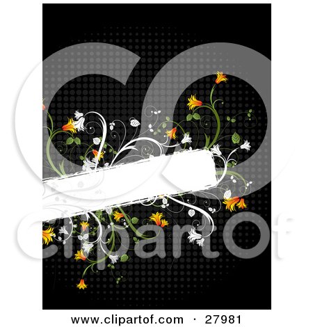 Clipart Illustration of a Blank White Text Box Bordered By Orange Flowers And Green Vines Over A Black Grid Background by KJ Pargeter