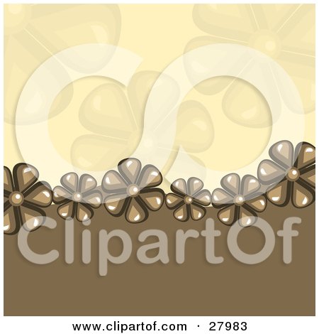 Clipart Illustration of a Line Of Brown Daisy Flowers Bordering A Brown Wave From A Beige Background With Faded Flowers by KJ Pargeter