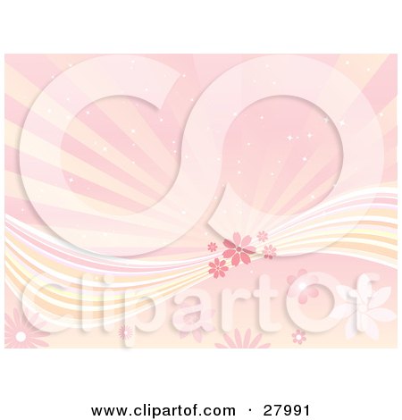 Clipart Illustration of a Pink Background Of Bursts Of Sunlight Over A Wave Of Pink Flowers And Lines by KJ Pargeter