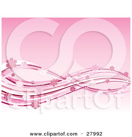 Clipart Illustration of a Gradient Pink Background With White And Pink Waves Of Lines And Sparkling Flowers by KJ Pargeter