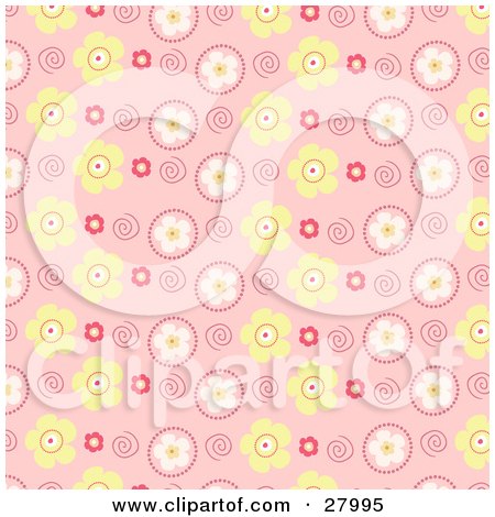 Clipart Illustration of a Pink Background With A Yellow, White And Pink Flower And Spiral Pattern by KJ Pargeter