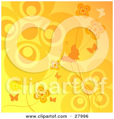 Clipart Illustration of Orange And Yellow Butterflies And Flowers On A Gradient Background by KJ Pargeter