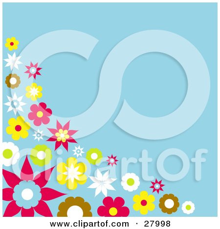Clipart Illustration of a Corner Of Colorful Yellow, White, Brown And Red Flowers Over A Blue Background by KJ Pargeter