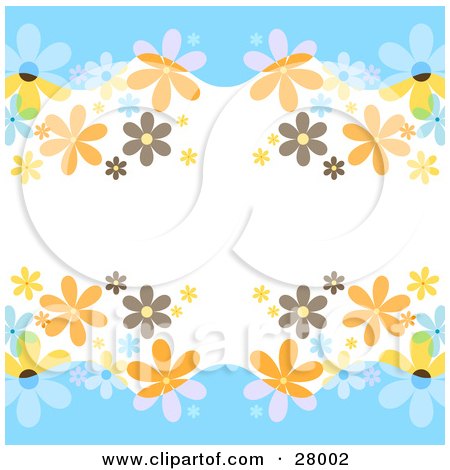 Clipart Illustration of a White Background Bordered By Blue Waves With Orange, Blue, Yellow And Brown Flowers by KJ Pargeter