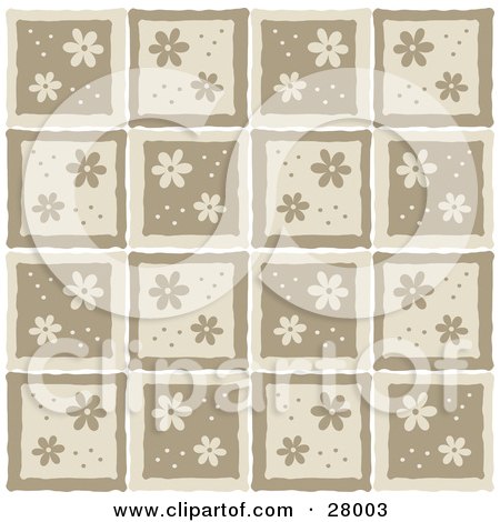 Clipart Illustration of a Patterned Background Of Daisies And Dots On Brown And Beige Squares by KJ Pargeter