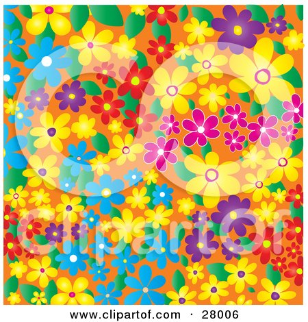 Clipart Illustration of a Colorful Background Of Blue, Yellow, Purple And Red Flowers And Leaves Over Orange by KJ Pargeter